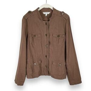 y2k Relativity Brown 100% Linen Utility Jacket Womens M Button Up Lightweight